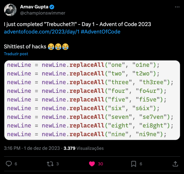 Usuário Arnav Gupta (@championswimmer) demonstra sua solução no Twitter. A descrição do Tweet diz "Shittiest of hacks 😂😂😂" e tem uma imagem de uma parte de seu código. Todas as linhas consistem da utilização de uma função de "replace" trocando "one" por "o1ne", "two" por "t2wo" e assim por diante.